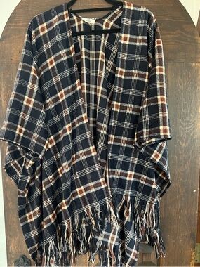 entro Navy Plaid Fringe Poncho with Brown and Cream Accents